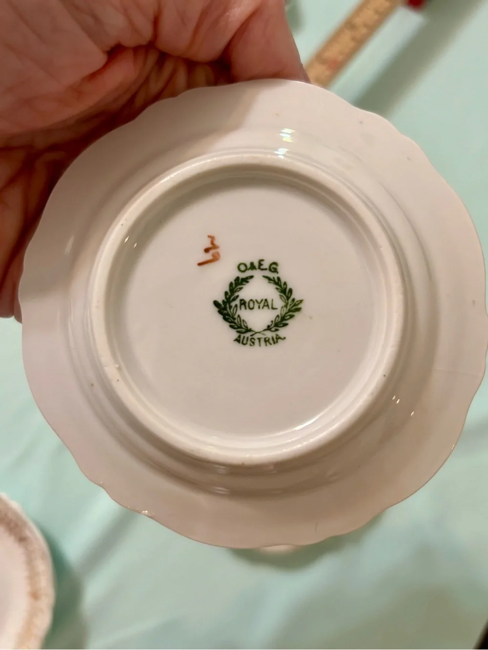 4 Antique O&E.G. Royal Austria porcelain butter pats gold details green mark VTG